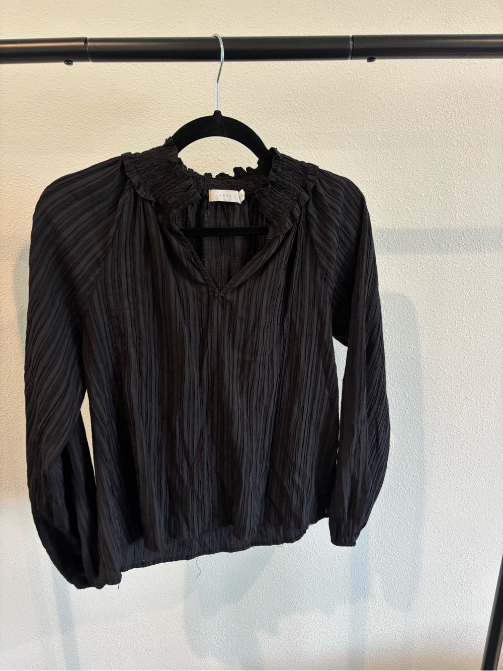 Lush Black Crinkle Long-Sleeve Blouse with Smocked Collar